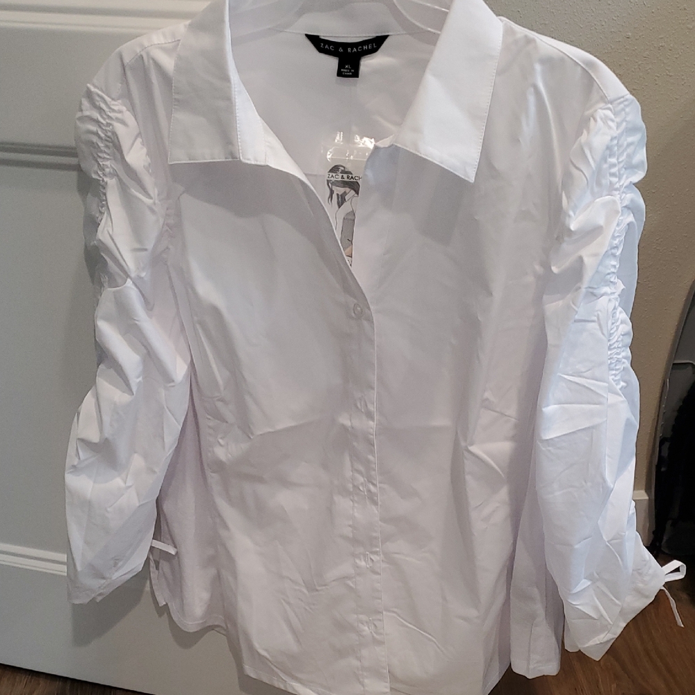 Zac & Rachel Women's White Button Down Shirt with Ruched Sleeves